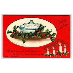 Ellen Clapsaddle Vintage 1907 Christmas Postcard Blue Covered Dish Holly